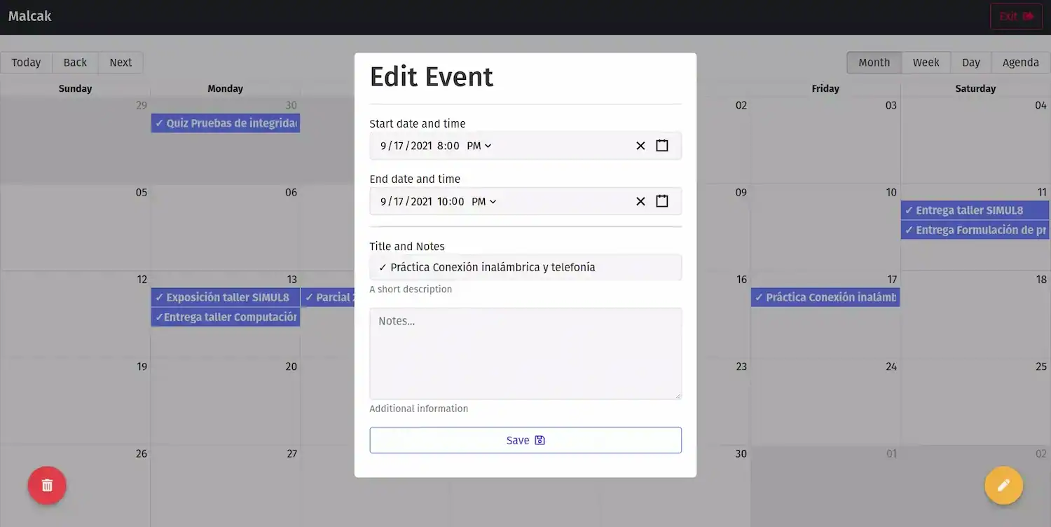 calendar app creating a event